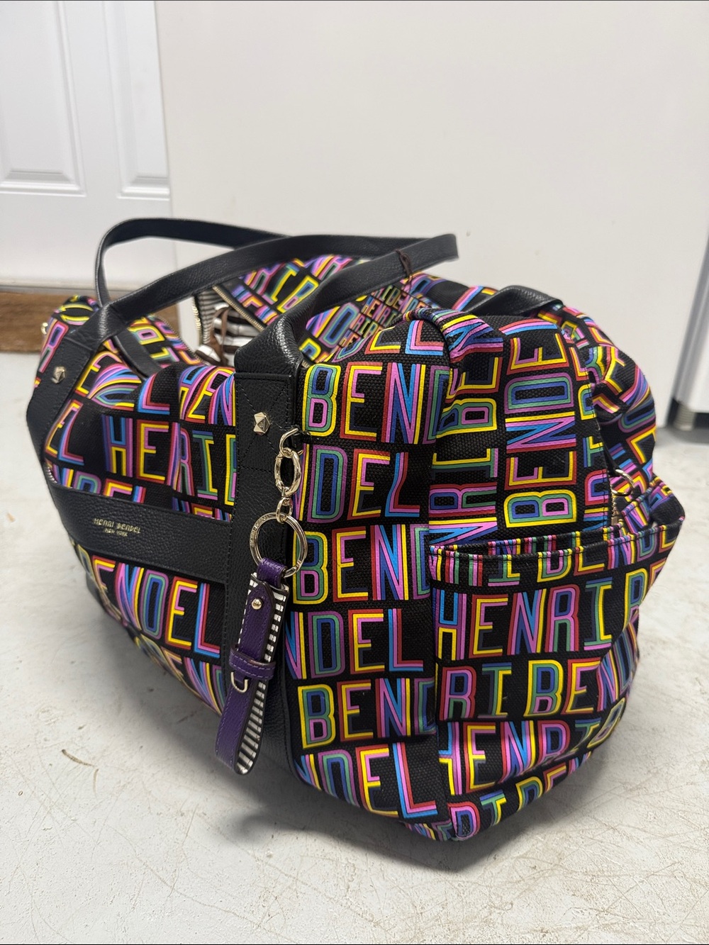 henri bendel x Steven Wilson Black Multicolor Logo Leather Duffle NWT - Picture 2 of 15